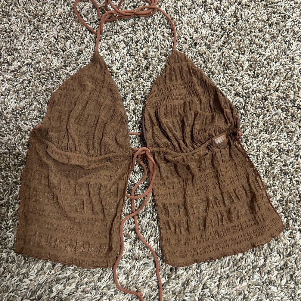 SHEIN Brown Textured Halter Tie-Back Camisole